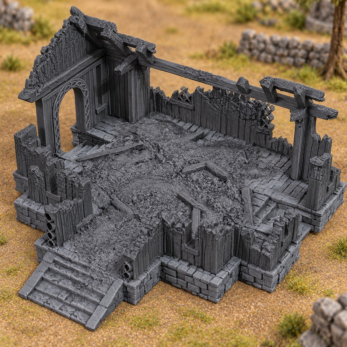 Supplementary product photo for Mead Hall Ruin - 28mm Tabletop Terrain for Epic Adventures in unpainted charcoal grey PLA