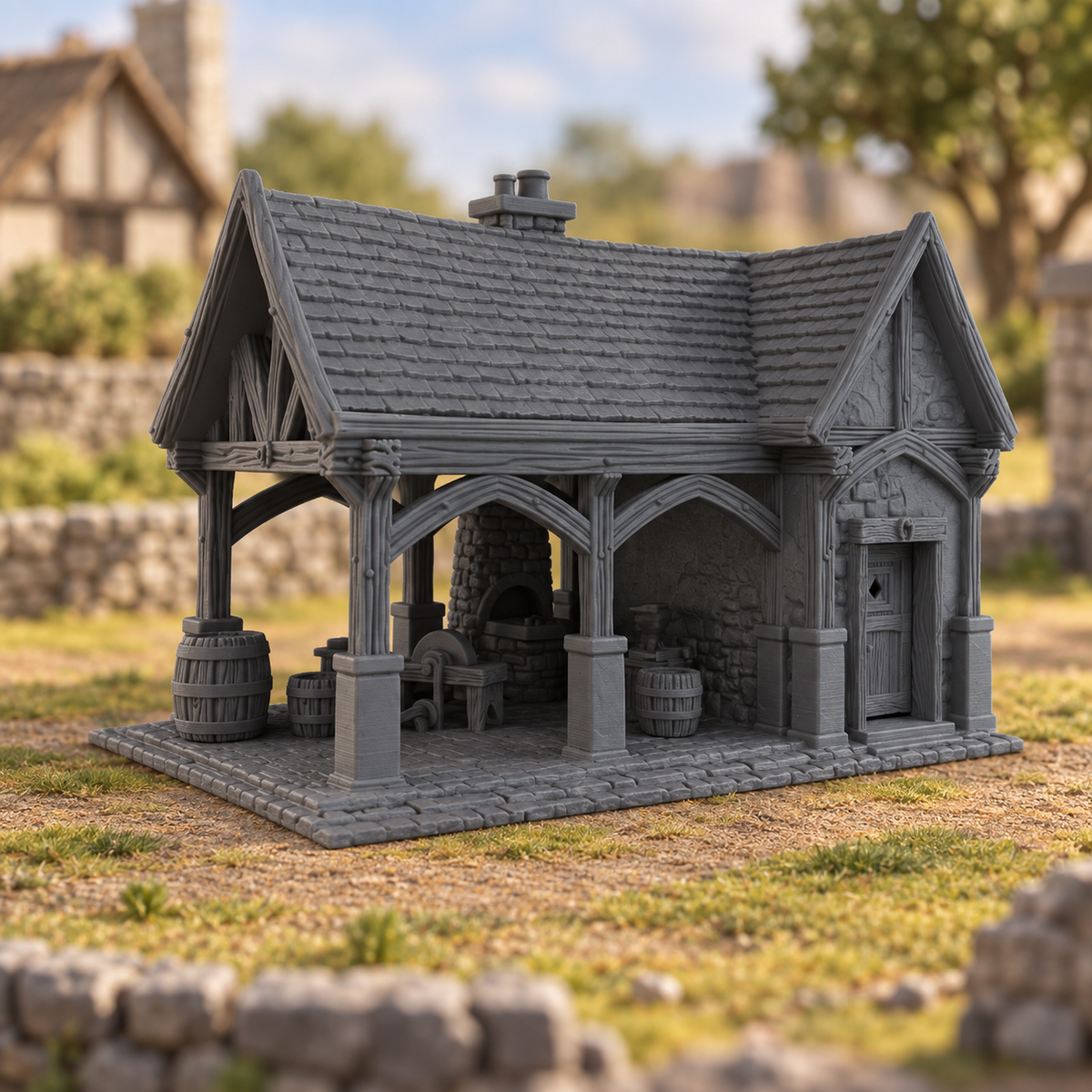 Supplementary product photo for Medieval Forge 28mm DND Terrain | Tabletop Wargaming Scenery for Warhammer, Frostgrave & RPG | Unpainted 3D Printed in unpainted charcoal grey PLA