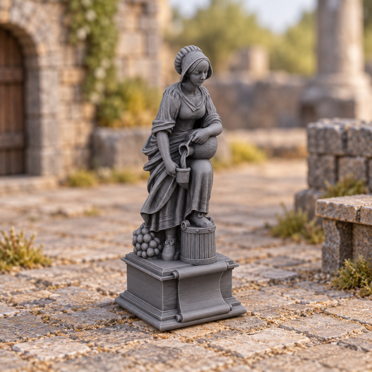 Supplementary product photo for Merchant Maid Statue - 28mm DND/Wargame/RPG Terrain in unpainted charcoal grey PLA