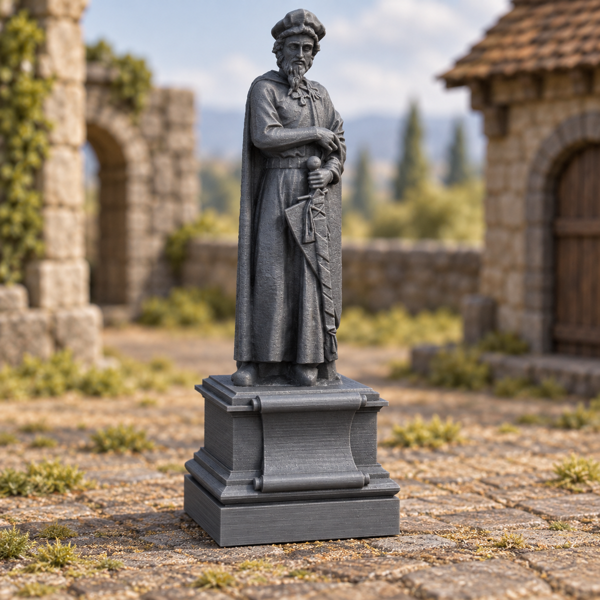 Supplementary product photo for Merchant Statue 28mm DND Scatter Terrain | Tabletop Wargaming Scenery for Warhammer, Frostgrave & RPG | 3D Printed in unpainted charcoal grey PLA