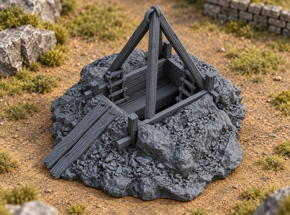 Supplementary product photo for Mine - 28mm DND/Wargame/RPG Terrain in unpainted charcoal grey PLA
