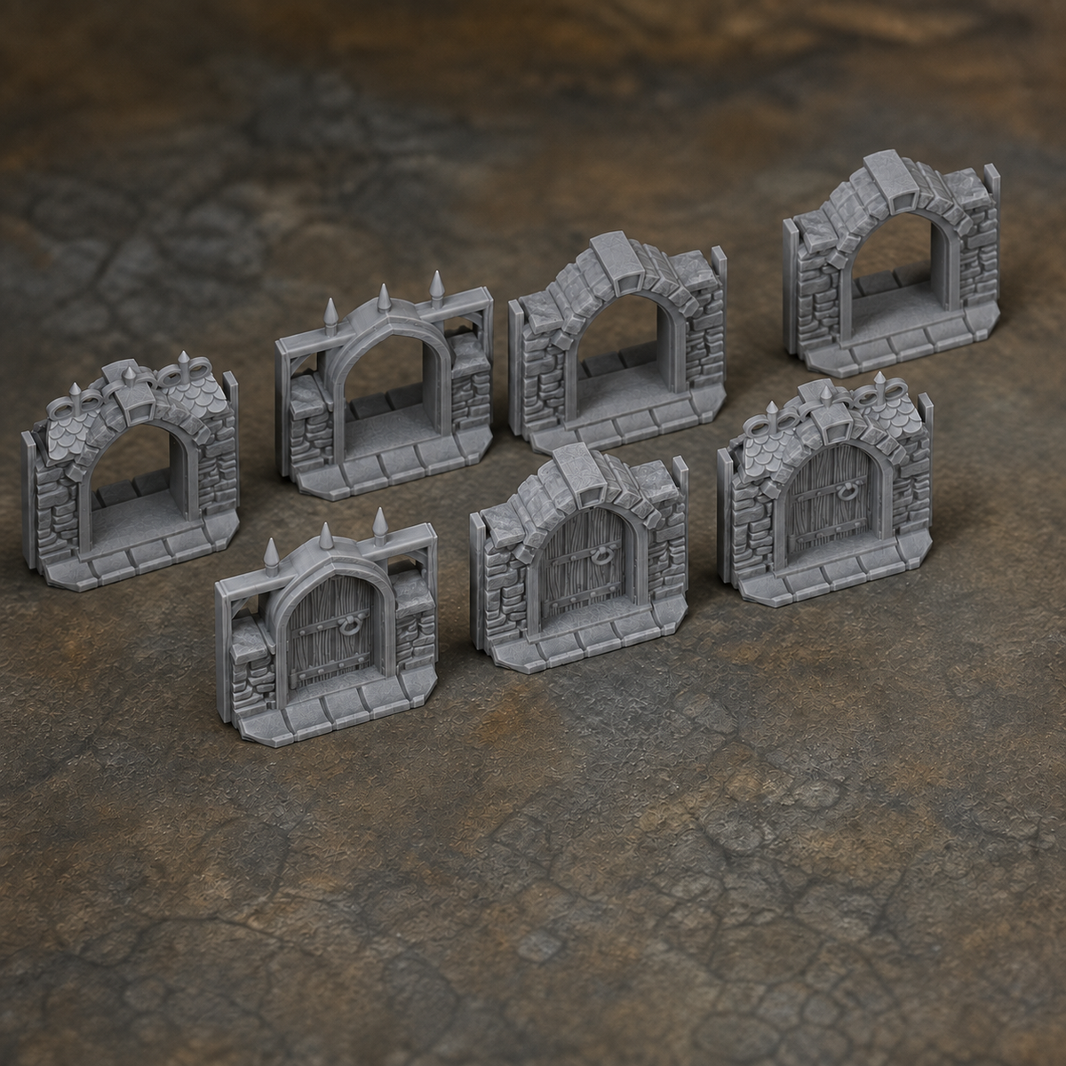 Medieval Town Archways and Doors unpainted grey 28mm terrain product-only photo