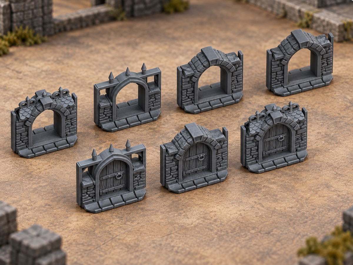 Supplementary product photo for Medieval Town Archways and Doors – 28mm Terrain, Unpainted in unpainted charcoal grey PLA