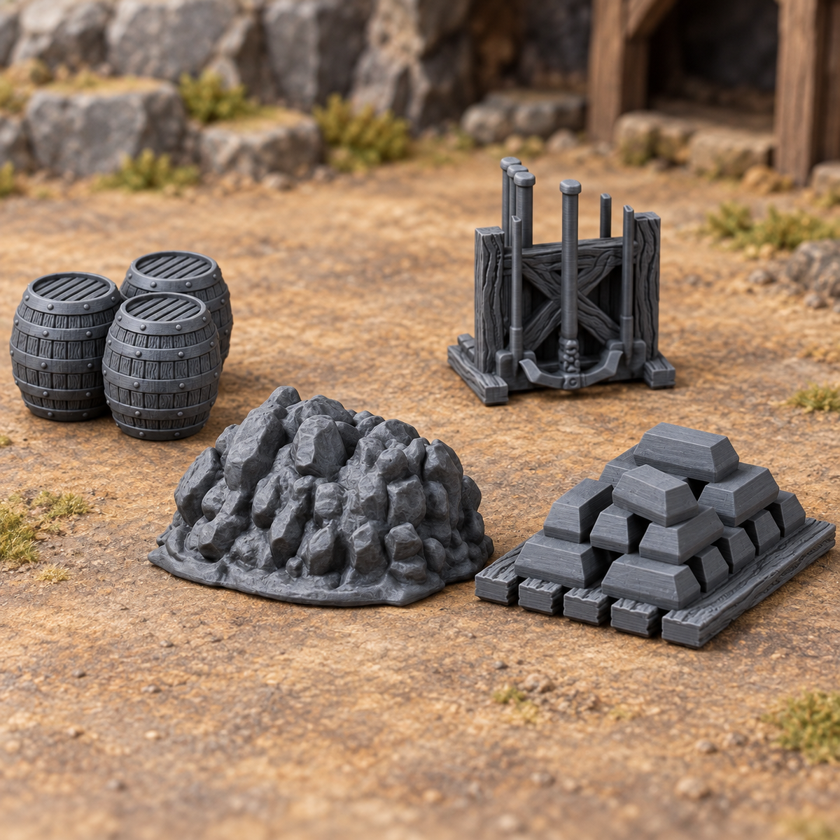 Supplementary product photo for Medieval Town Mine Set 1 – 28mm Fantasy Terrain, Unpainted in unpainted charcoal grey PLA