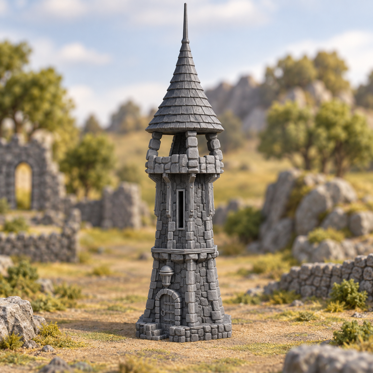 Supplementary product photo for Newfoundland Tower 28mm DND Terrain | Tabletop Wargaming Scenery for Warhammer, Frostgrave & RPG | 3D Printed in unpainted charcoal grey PLA