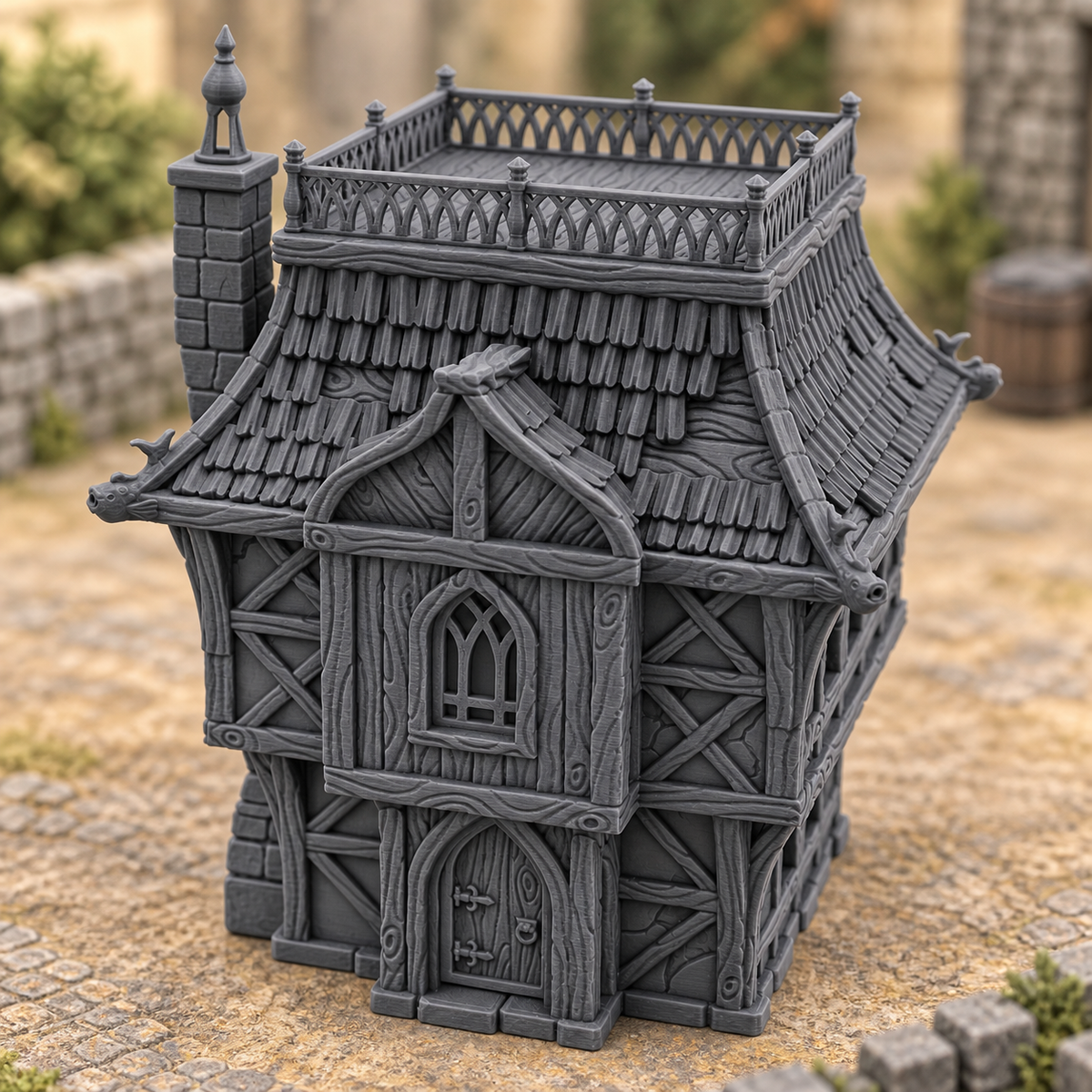 Supplementary product photo for Noble House - 28mm Fantasy Town House Terrain in unpainted charcoal grey PLA