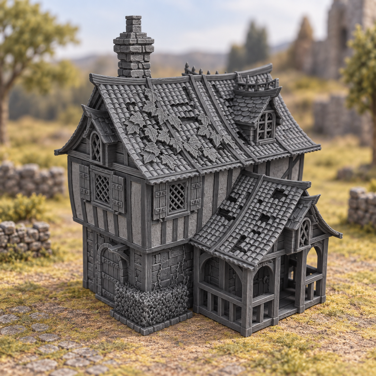 Supplementary product photo for Oakburn House - 28mm DND/Wargame/RPG Terrain in unpainted charcoal grey PLA