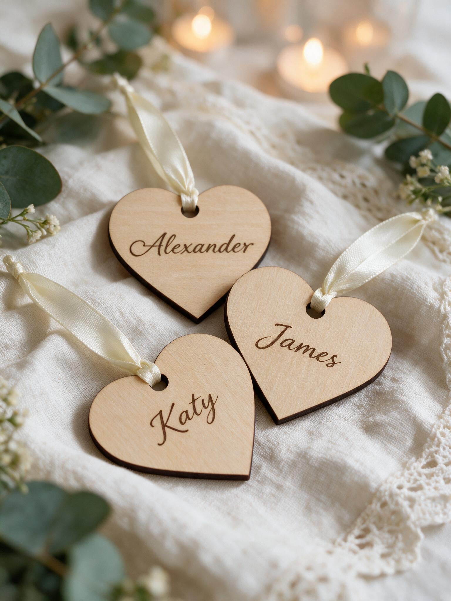Three personalised wooden heart place names in a warm wedding table setting