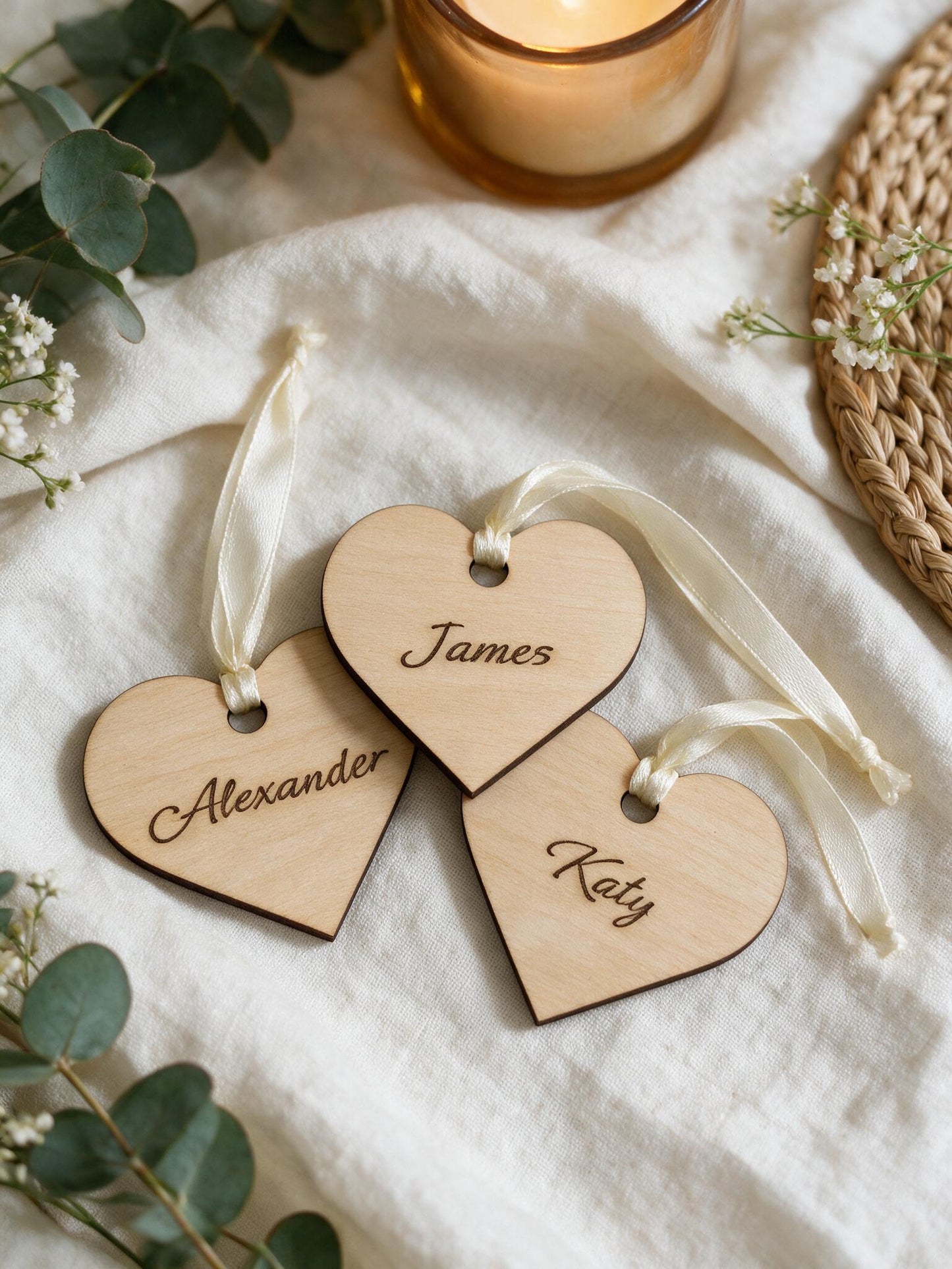 Personalised Wooden Heart Wedding Place Names with Ribbon