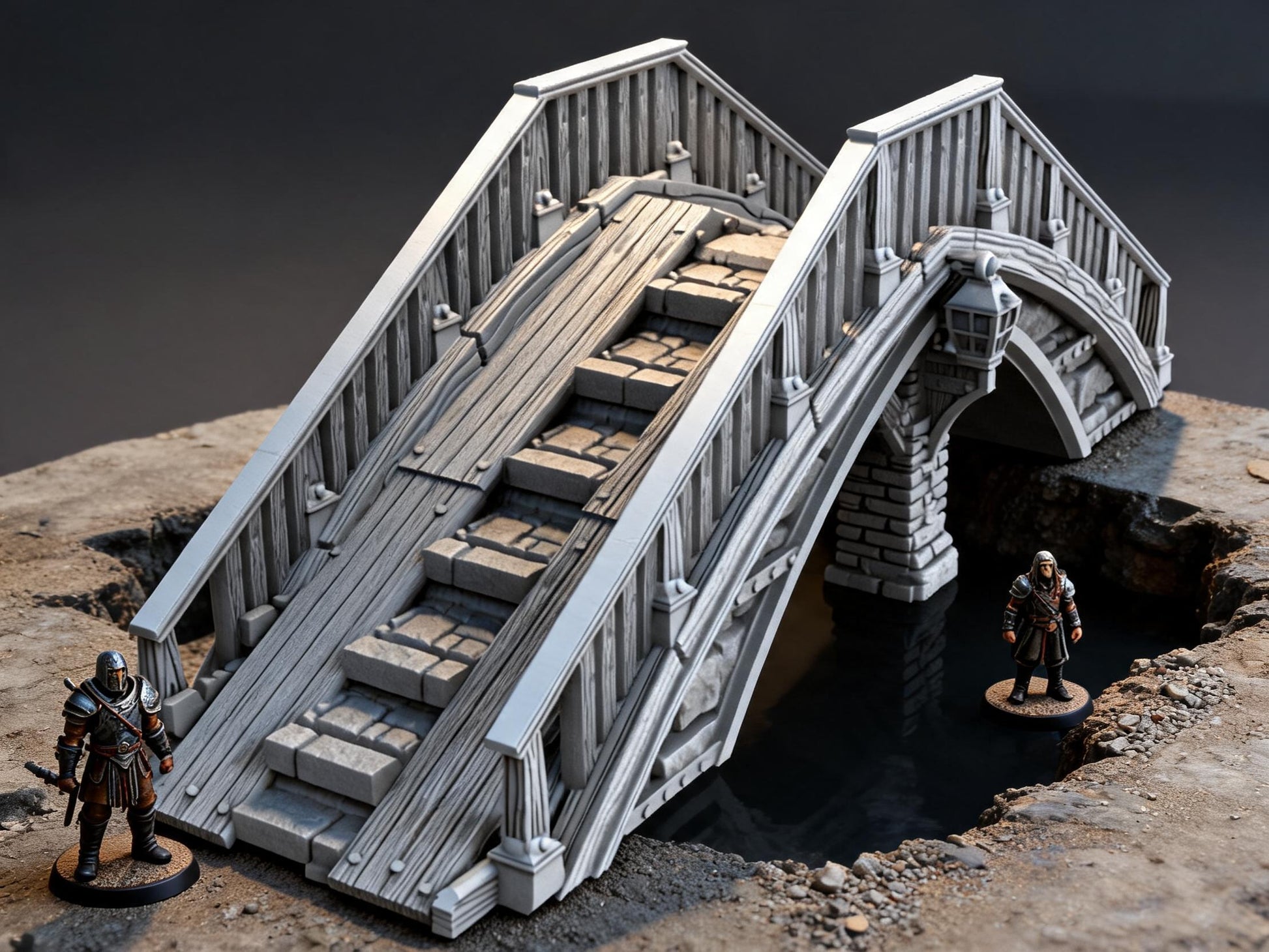Unpainted Overpass Bridge 28mm terrain with scale miniatures shown for context; miniatures not included