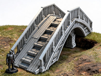 Unpainted Overpass Bridge 28mm terrain with scale miniatures shown for context; miniatures not included