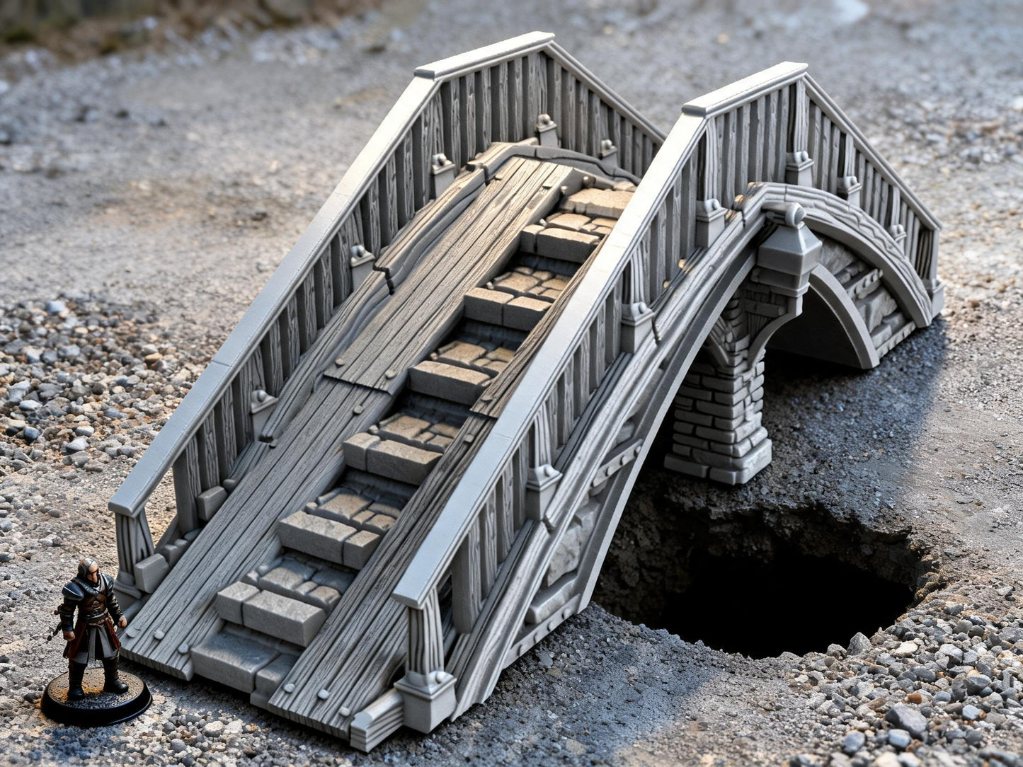 Unpainted Overpass Bridge 28mm terrain with scale miniatures shown for context; miniatures not included