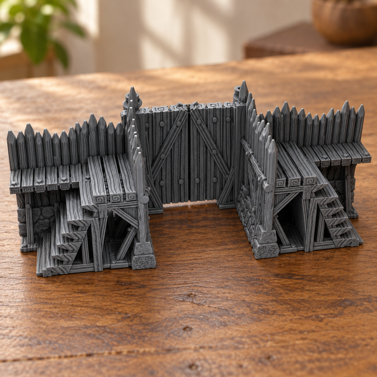 Supplementary product photo for Palisade Gate 28mm DND Terrain | Tabletop Wargaming Siege Scenery for Warhammer, Frostgrave & RPG | 3D Printed in unpainted charcoal grey PLA