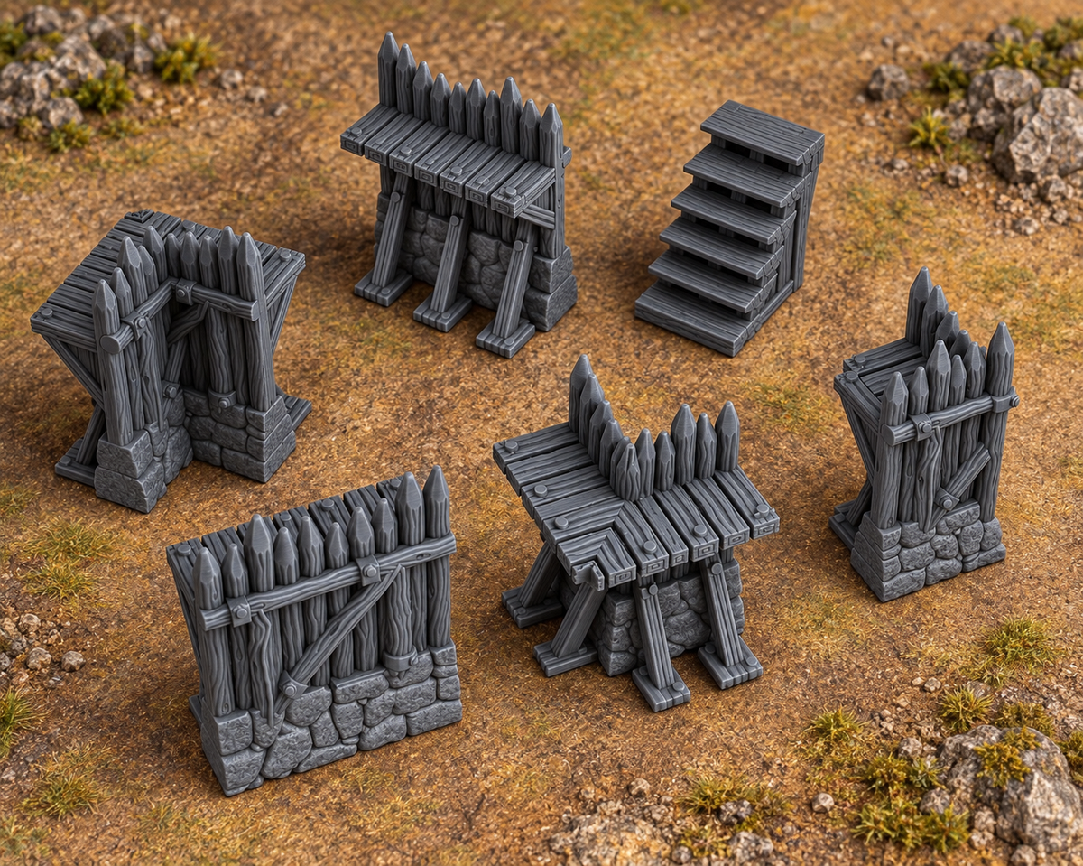Supplementary product photo for Palisade Set 28mm DND Terrain | Tabletop Wargaming Siege Wall Scenery for Warhammer, Frostgrave & RPG | 3D Printed in unpainted charcoal grey PLA