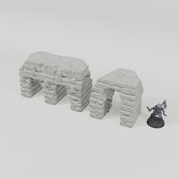 Medieval Town Stone Bridge Ruins turntable with dark grey 28mm miniature for scale