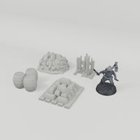 Medieval Town Mine Set 1 turntable with dark grey 28mm miniature for scale