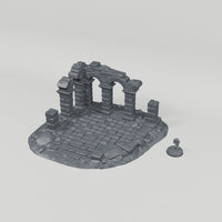 Ruined Arcade turntable with 28mm scale figure for reference; figure not included