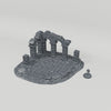 Ruined Arcade turntable with 28mm scale figure for reference; figure not included