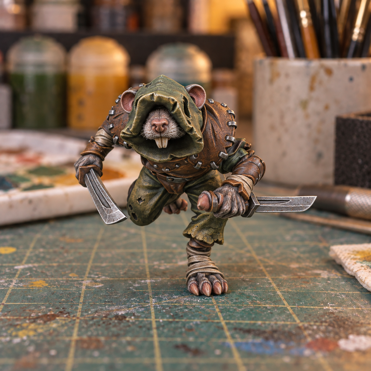 Ratfolk 1 Slapchop-painted display example. Supplied unpainted. Background items not included.