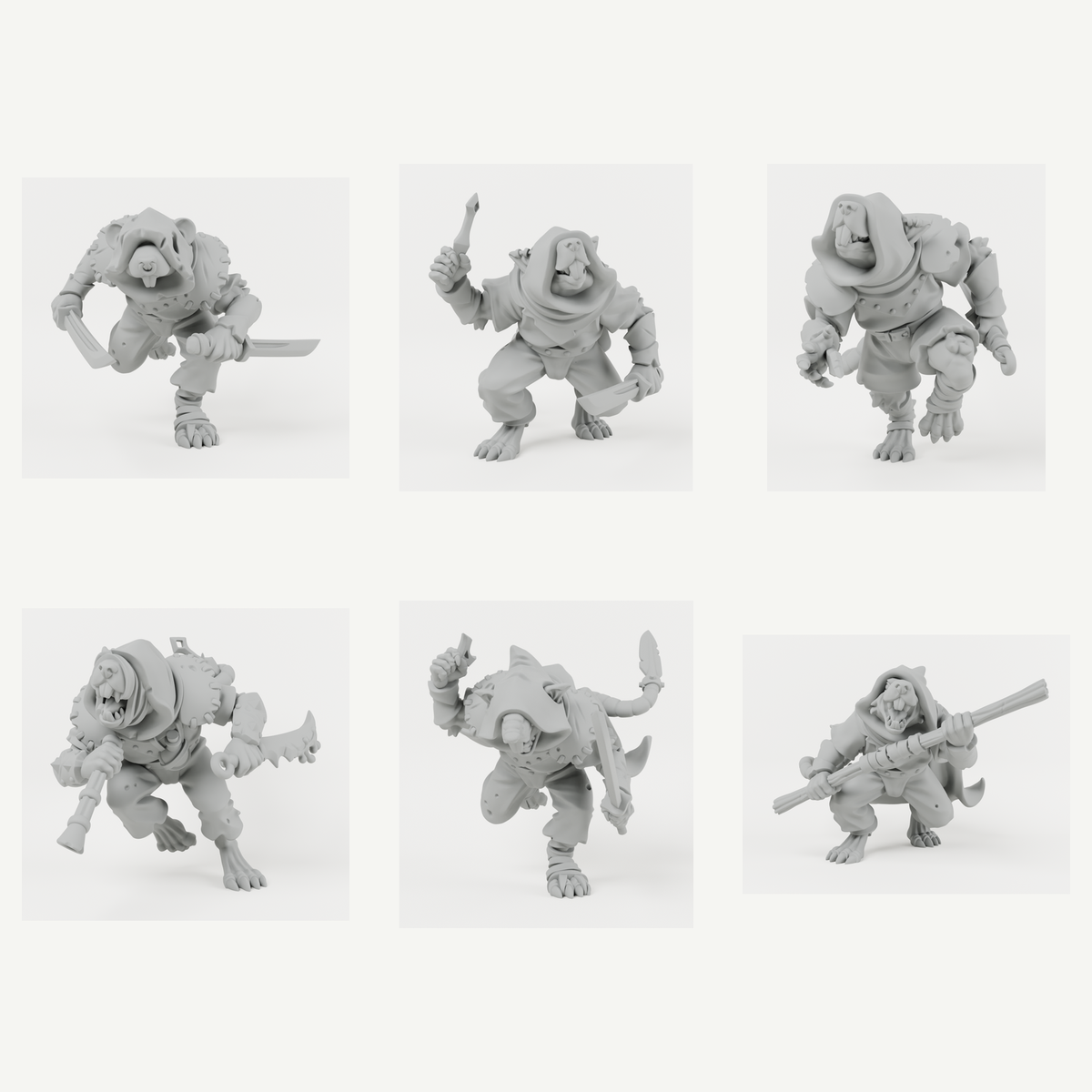 All six Ratfolk sculpts shown unpainted in grey resin. Choose one individual sculpt.