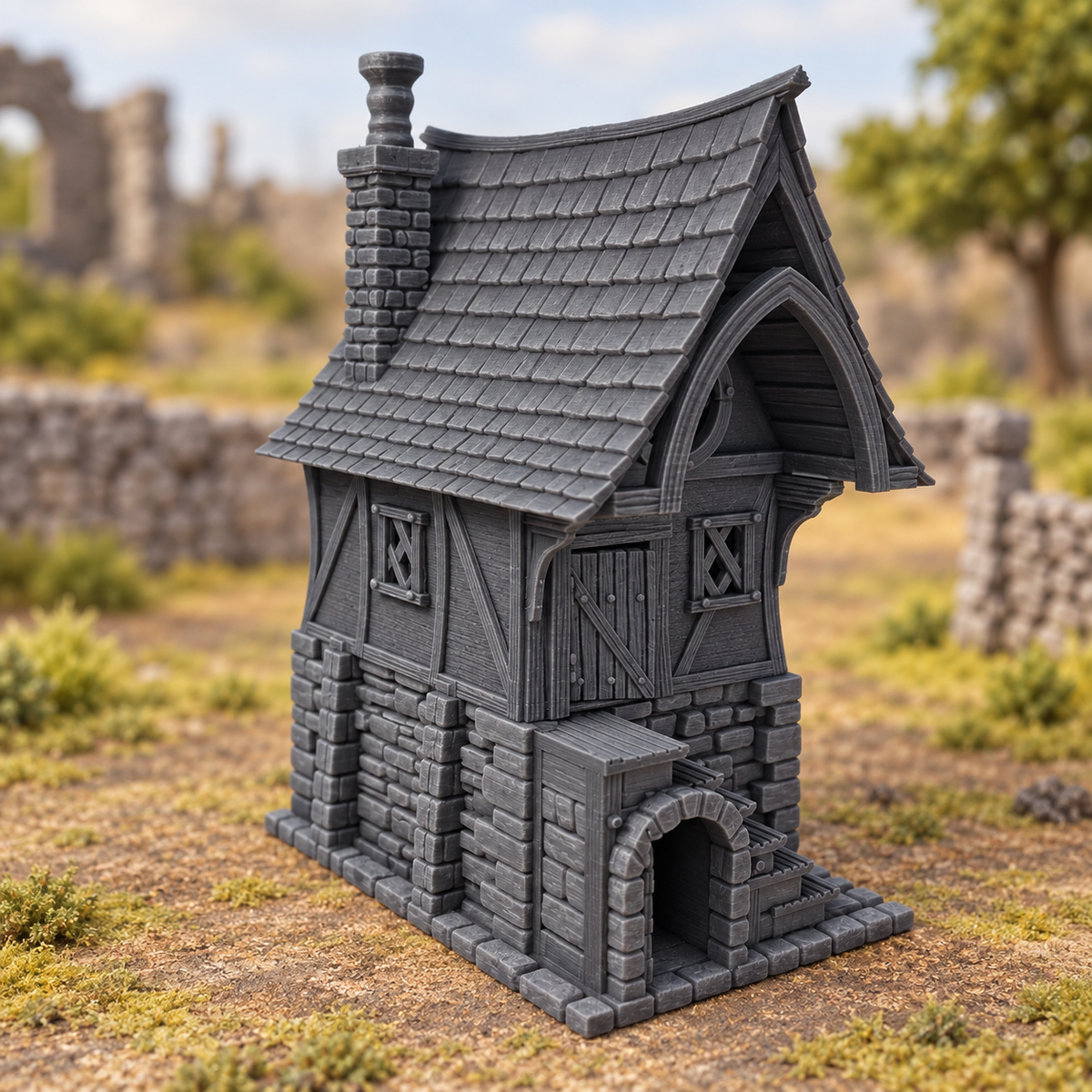 Supplementary product photo for Redwood House - 28mm Tabletop Terrain for D&D and Wargaming in unpainted charcoal grey PLA
