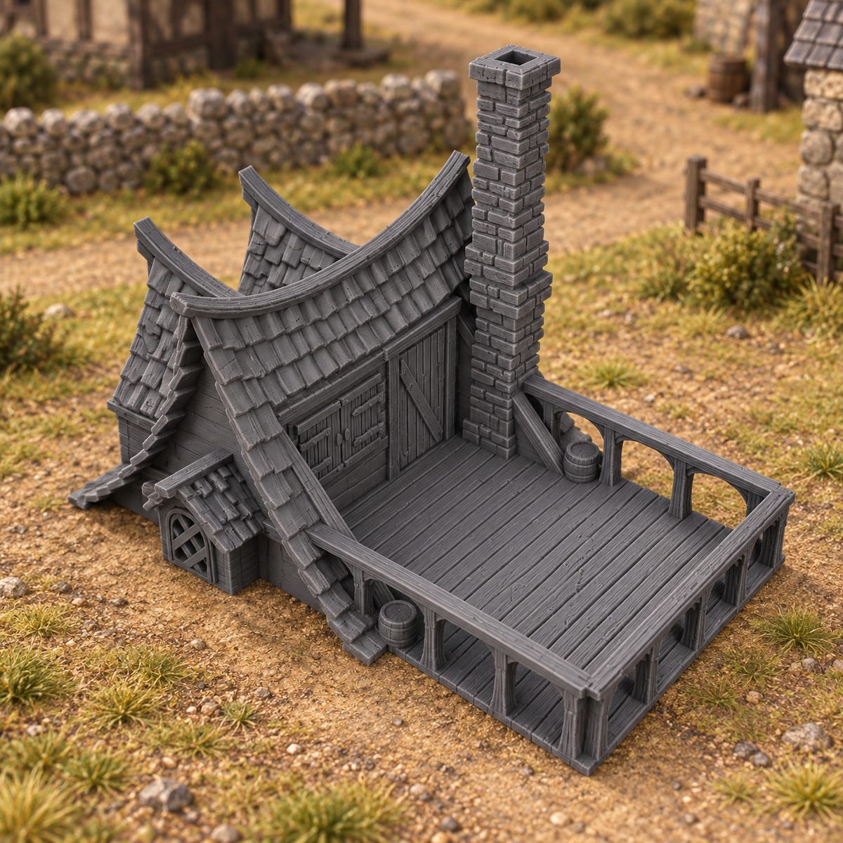 Supplementary product photo for River Masters Hut 28mm DND Terrain | Tabletop Wargaming Scenery for Warhammer, Frostgrave & RPG | Unpainted 3D Printed in unpainted charcoal grey PLA