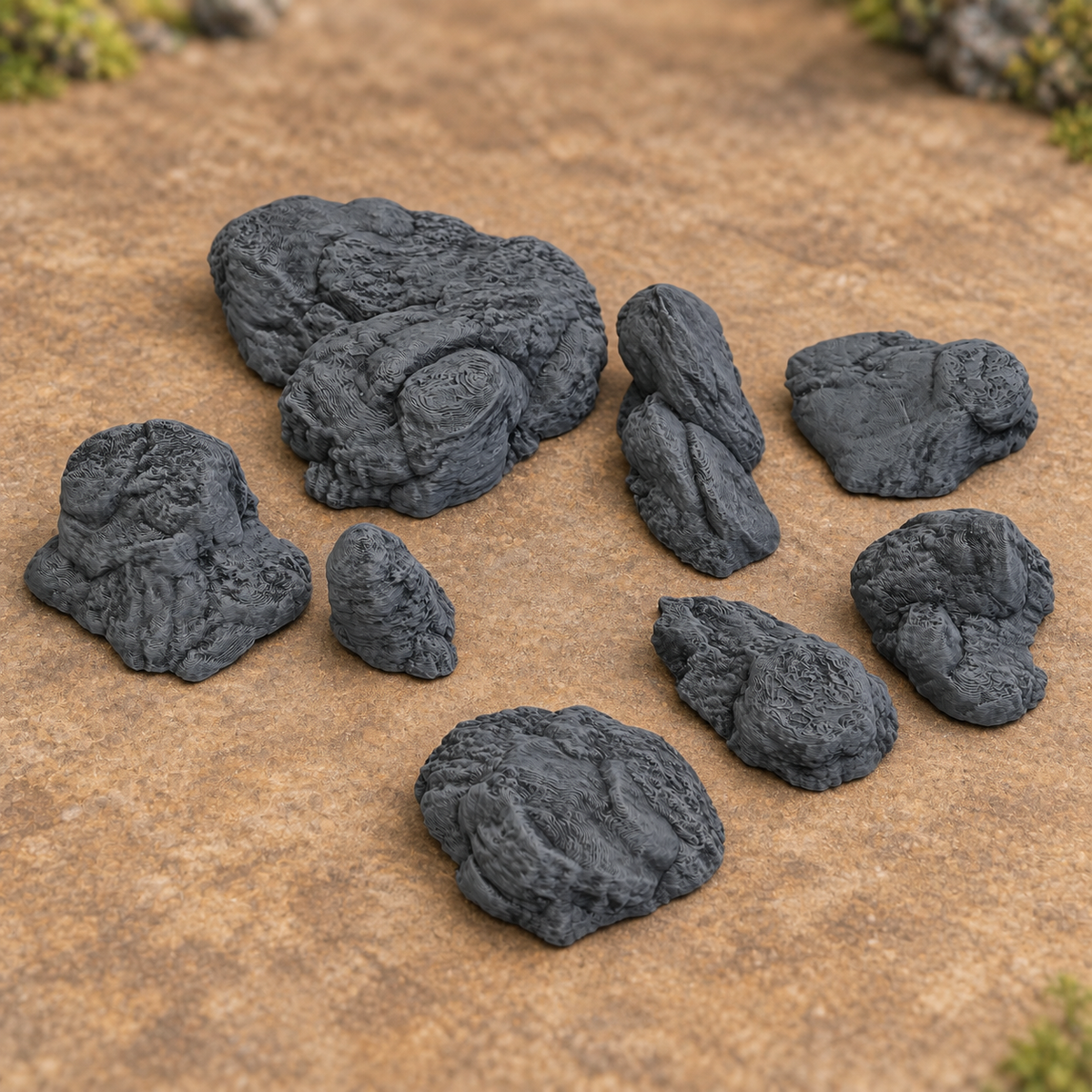 Supplementary product photo for Rocky Outcrops - 28mm Terrain for Epic Adventures in unpainted charcoal grey PLA