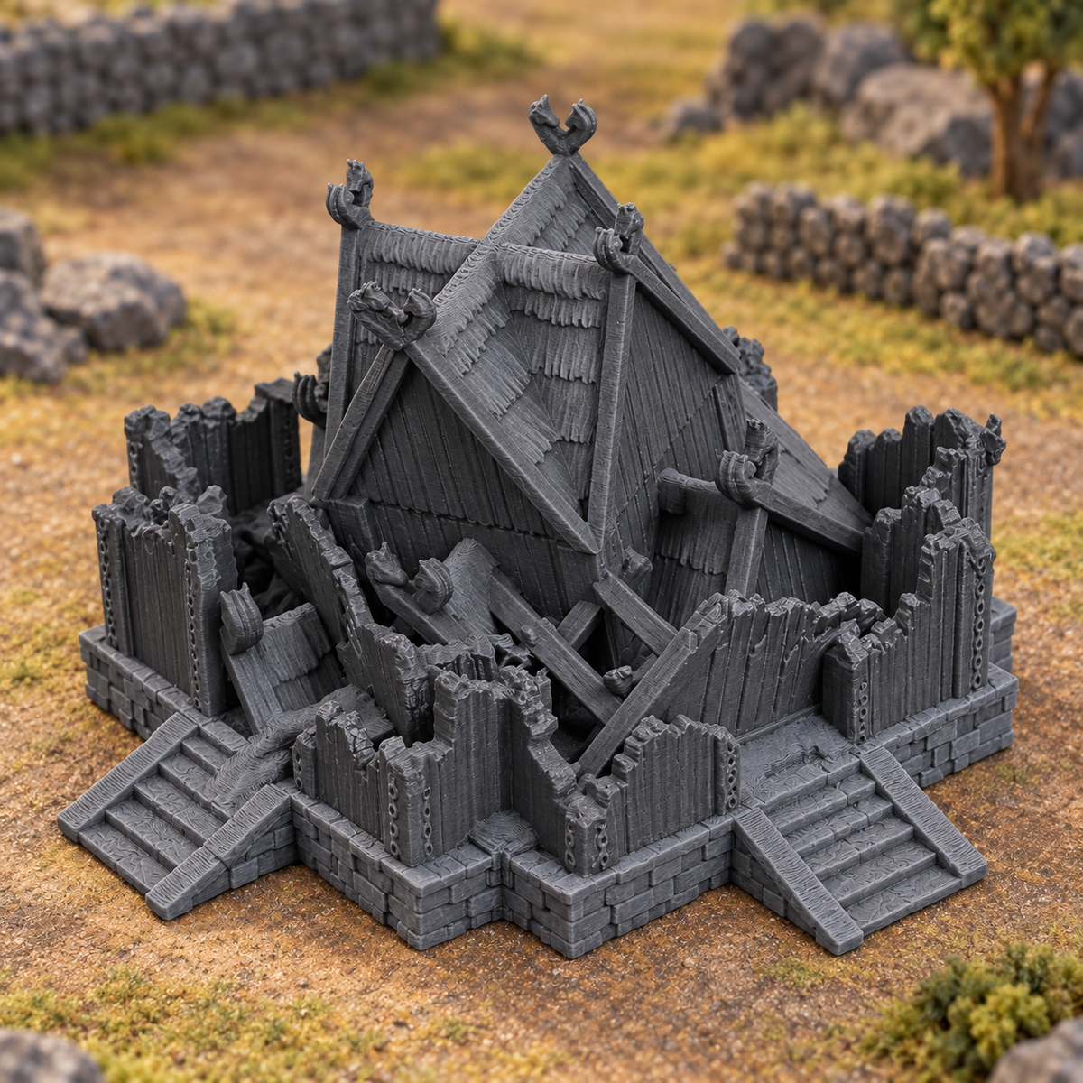 Supplementary product photo for Ruined Barracks - 28mm Tabletop Terrain Piece in unpainted charcoal grey PLA