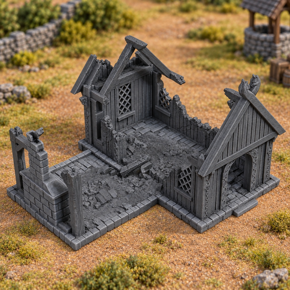 Supplementary product photo for Ruined Blacksmith - 28mm Tabletop Terrain in unpainted charcoal grey PLA