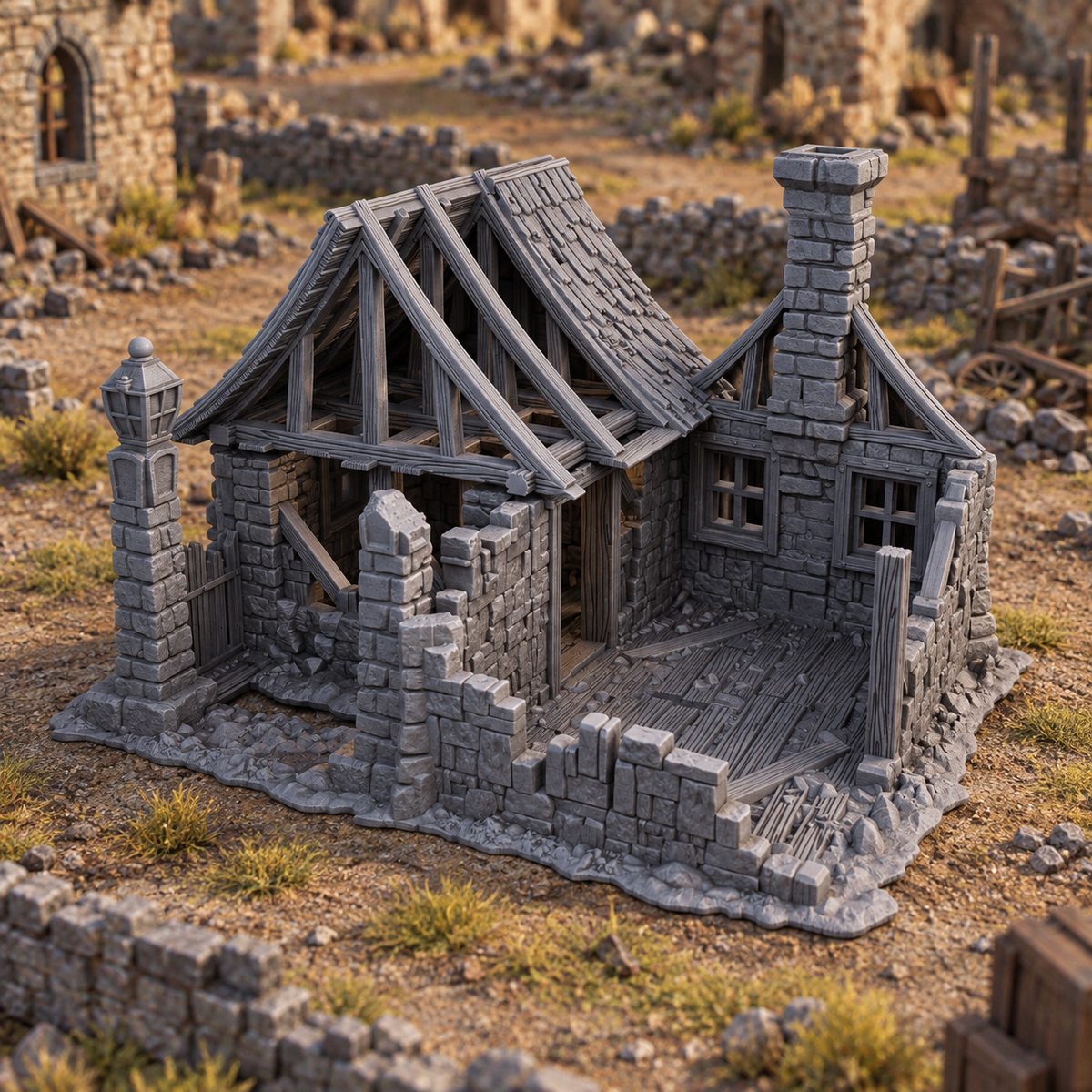 Supplementary product photo for Ruined House 28mm DND Terrain | Tabletop Wargaming Scenery for Mordheim, Frostgrave & RPG | Unpainted 3D Printed in unpainted charcoal grey PLA