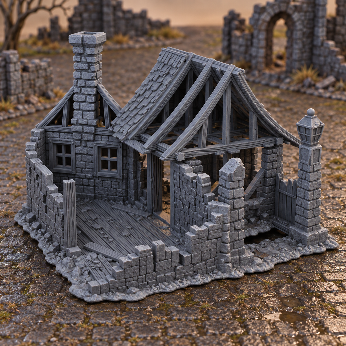 Supplementary product photo for Ruined House 28mm DND Terrain | Tabletop Wargaming Scenery for Mordheim, Frostgrave & RPG | Unpainted 3D Printed in unpainted charcoal grey PLA