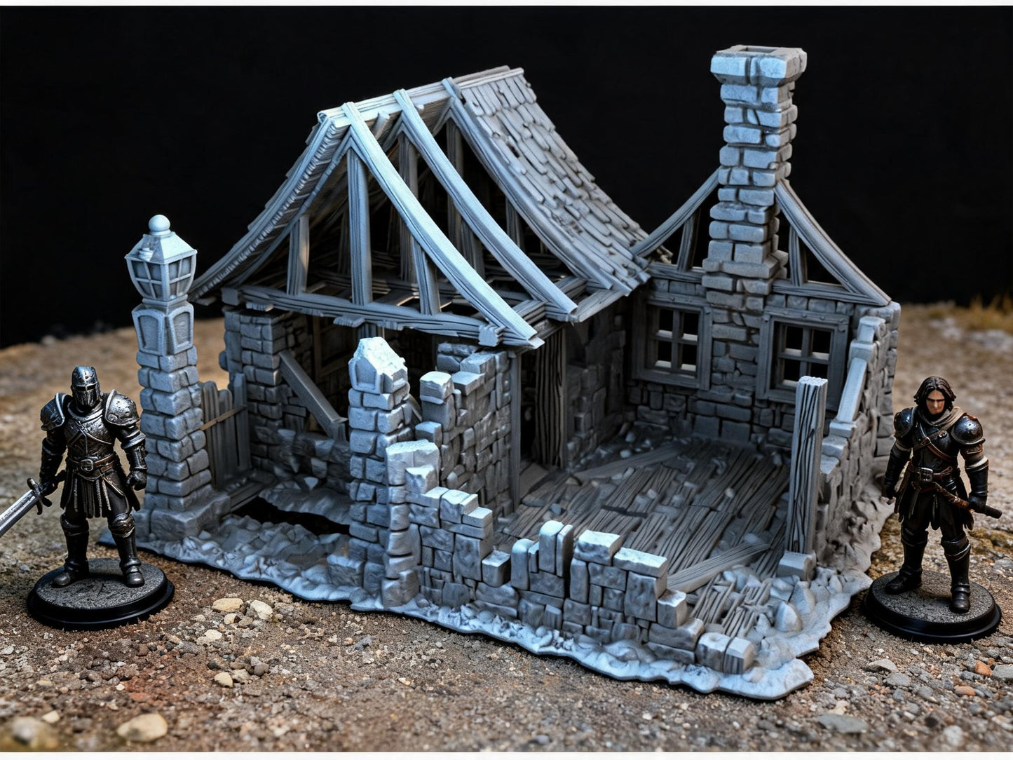 Unpainted Ruined House 28mm terrain with scale miniatures shown for context; miniatures not included