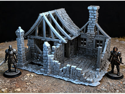 Unpainted Ruined House 28mm terrain with scale miniatures shown for context; miniatures not included