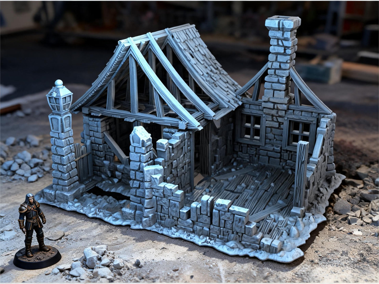 Unpainted Ruined House 28mm terrain with scale miniatures shown for context; miniatures not included