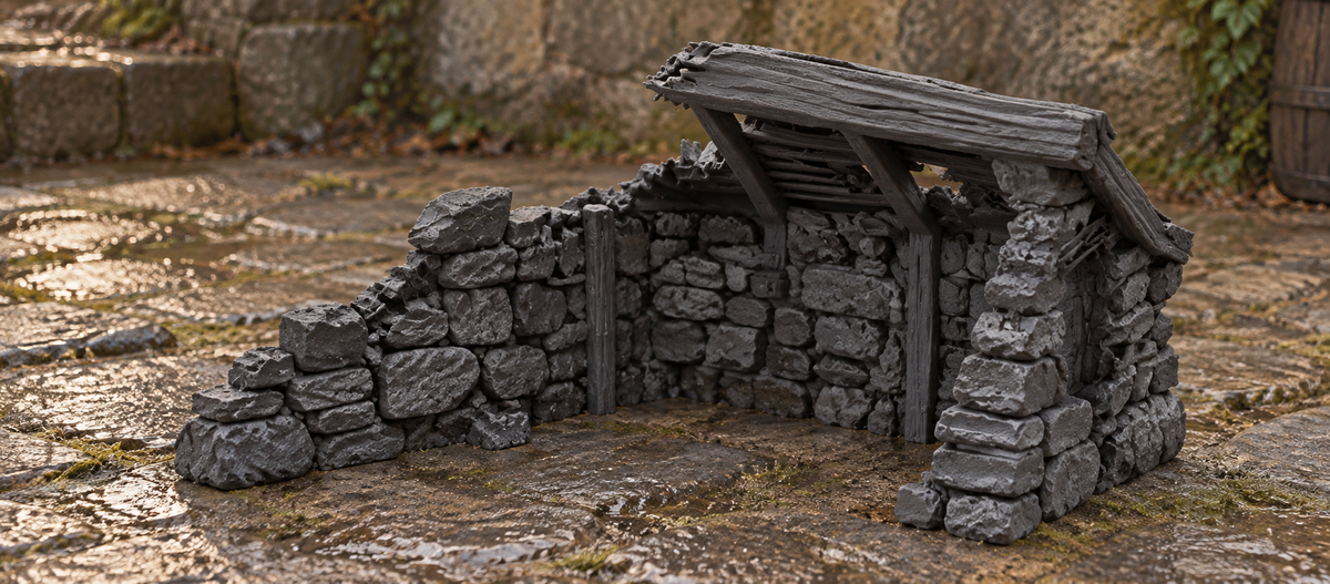 Supplementary product photo for Ruined Medieval House 28mm DND Terrain Set A | Wargaming Scenery for Mordheim, Frostgrave & RPG | Unpainted 3D Printed in unpainted charcoal grey PLA