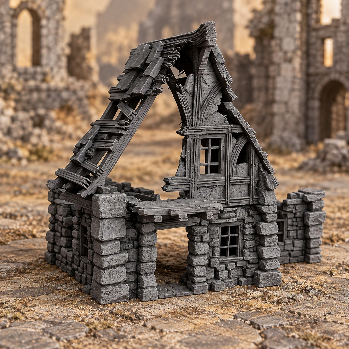 Supplementary product photo for Ruined Medieval House 28mm DND Terrain Set C | Wargaming Scenery for Mordheim, Frostgrave & RPG | Unpainted 3D Printed in unpainted charcoal grey PLA
