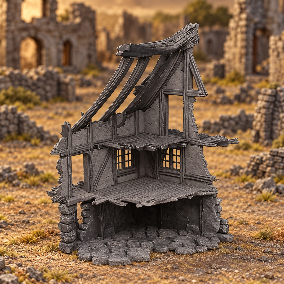Supplementary product photo for Ruined Medieval House 28mm DND Terrain Set D | Wargaming Scenery for Mordheim, Frostgrave & RPG | Unpainted 3D Printed in unpainted charcoal grey PLA