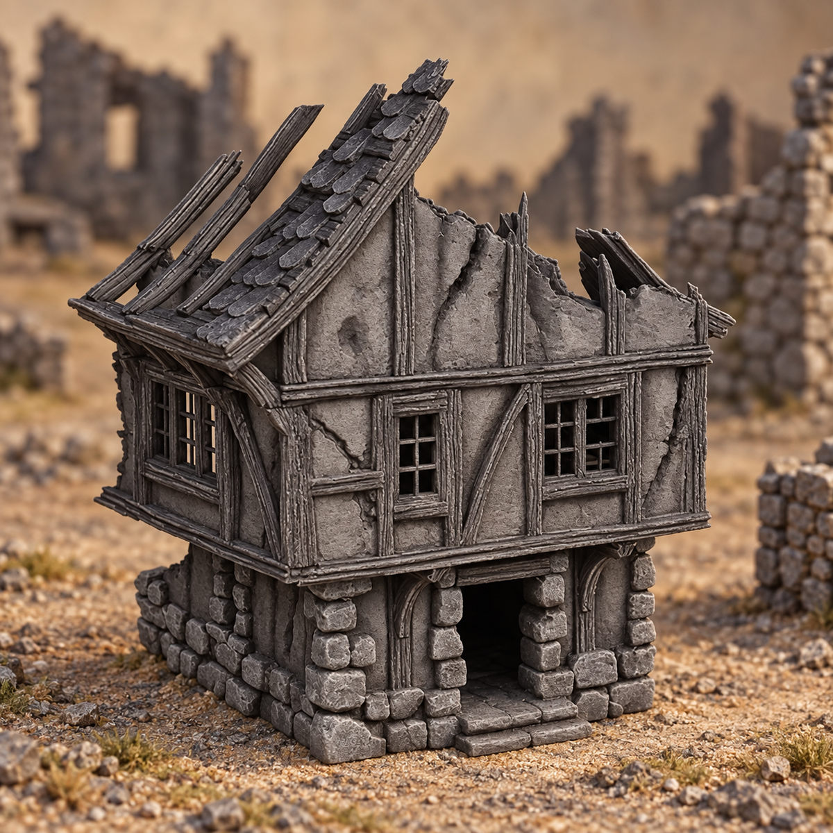 Supplementary product photo for Ruined Medieval House 28mm DND Terrain Set E | Wargaming Scenery for Mordheim, Frostgrave & RPG | Unpainted 3D Printed in unpainted charcoal grey PLA