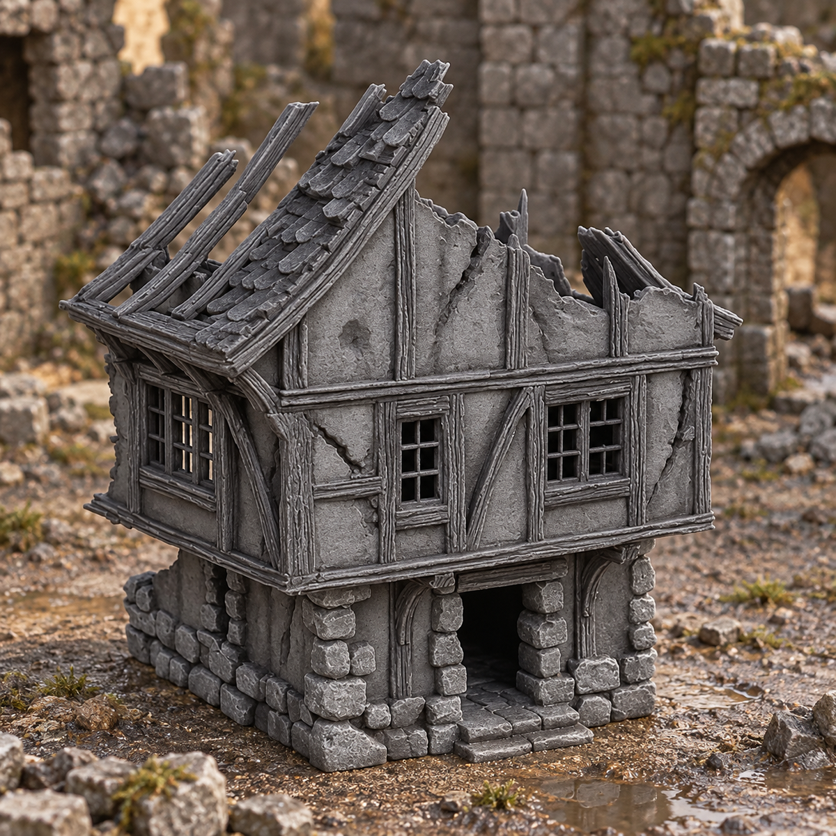 Supplementary product photo for Ruined Medieval House 28mm DND Terrain Set E | Wargaming Scenery for Mordheim, Frostgrave & RPG | Unpainted 3D Printed in unpainted charcoal grey PLA
