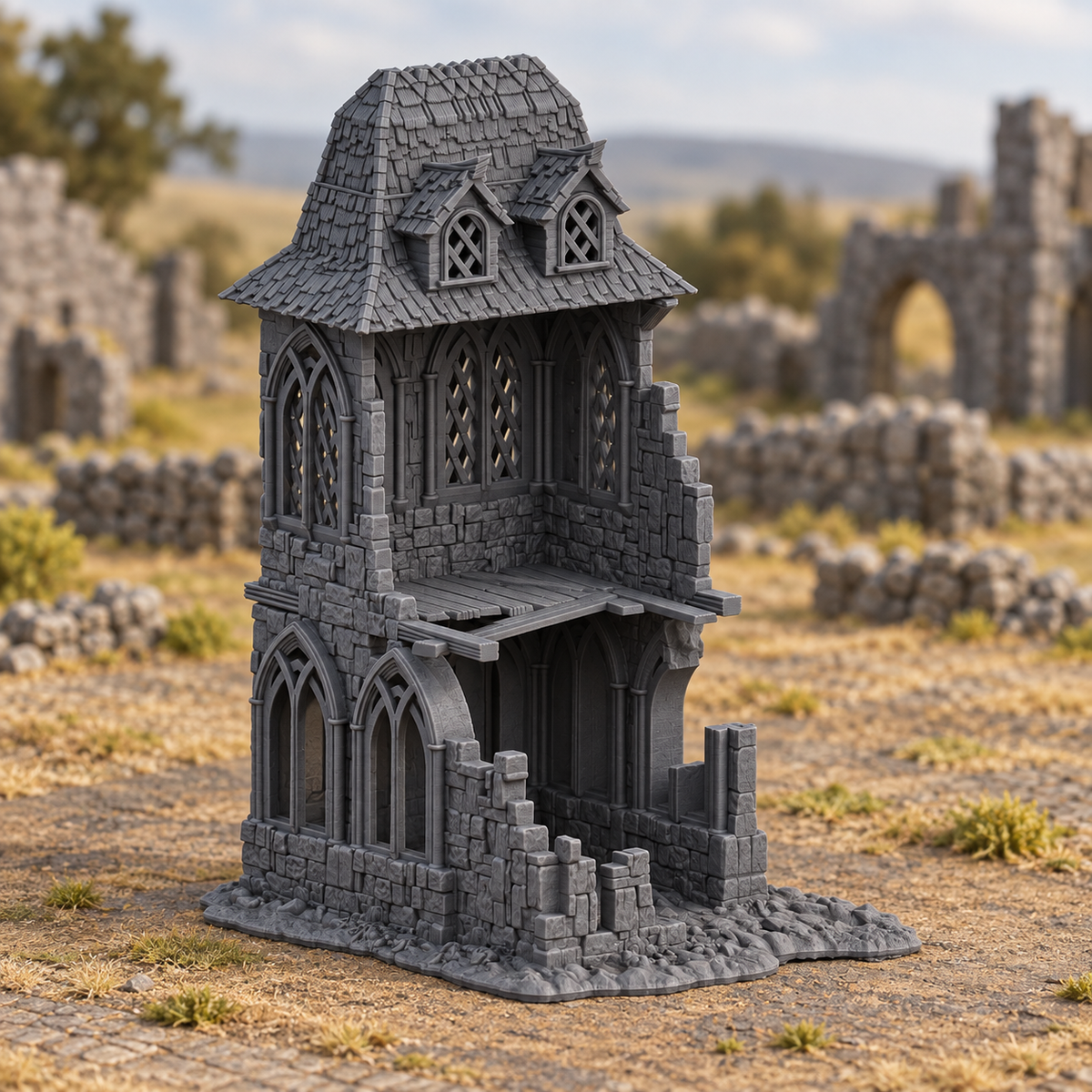 Supplementary product photo for Ruined House - 28mm Tabletop Terrain in unpainted charcoal grey PLA