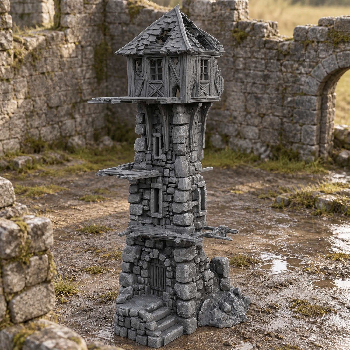 Supplementary product photo for Ruined Medieval Tower 28mm DND Terrain | Tabletop Wargaming Scenery for Mordheim, Frostgrave & RPG | 3D Printed in unpainted charcoal grey PLA