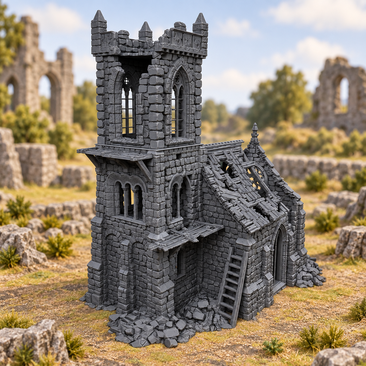 Supplementary product photo for Ruined Sanctuary 28mm DND Terrain | Tabletop Wargaming Scenery for Mordheim, Frostgrave & RPG | 3D Printed in unpainted charcoal grey PLA
