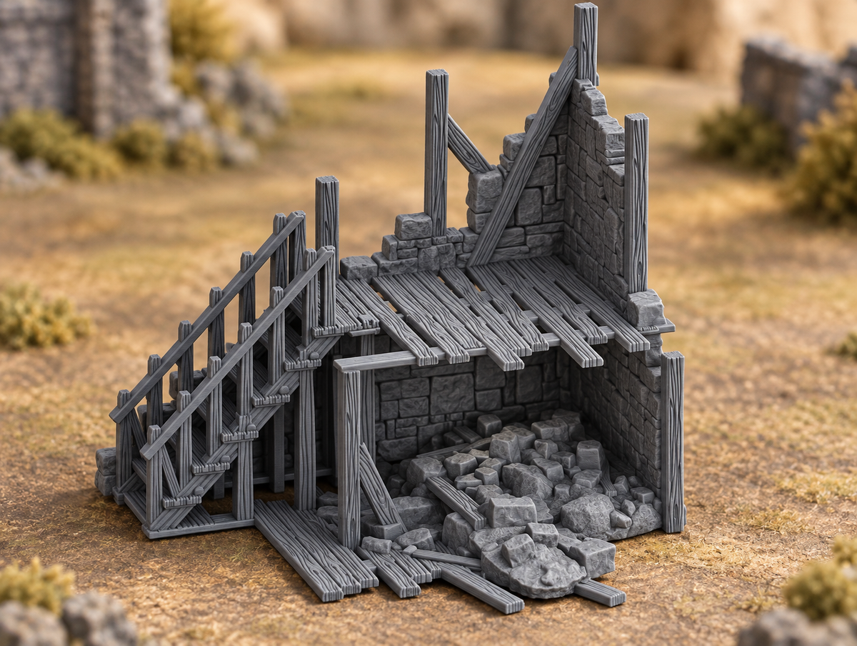Supplementary product photo for Ruined Stairs - 28mm Tabletop Terrain in unpainted charcoal grey PLA