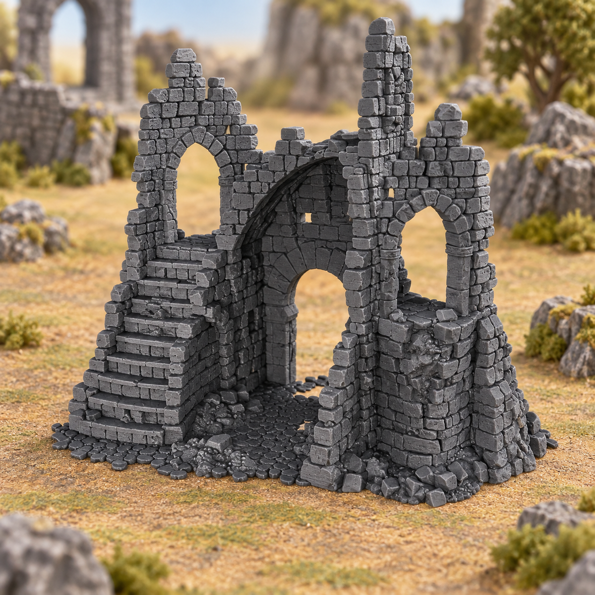 Supplementary product photo for Ruined Tower B - 28mm DND/Wargame/RPG Terrain in unpainted charcoal grey PLA