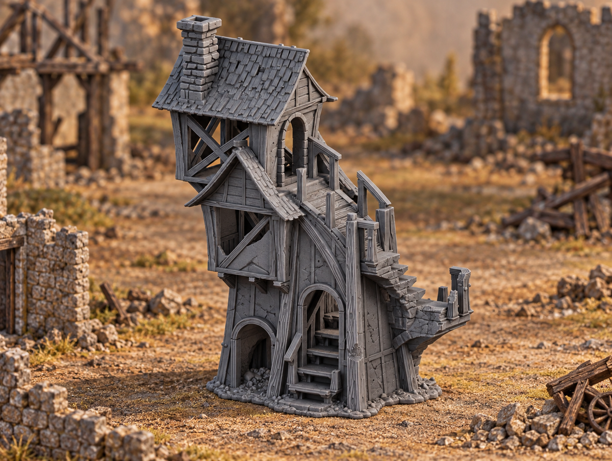 Supplementary product photo for Ruined Tower House 28mm DND Terrain | Tabletop Wargaming Scenery for Warhammer, Frostgrave & RPG | Unpainted 3D Printed in unpainted charcoal grey PLA