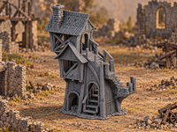 Supplementary product photo for Ruined Tower House 28mm DND Terrain | Tabletop Wargaming Scenery for Warhammer, Frostgrave & RPG | Unpainted 3D Printed in unpainted charcoal grey PLA