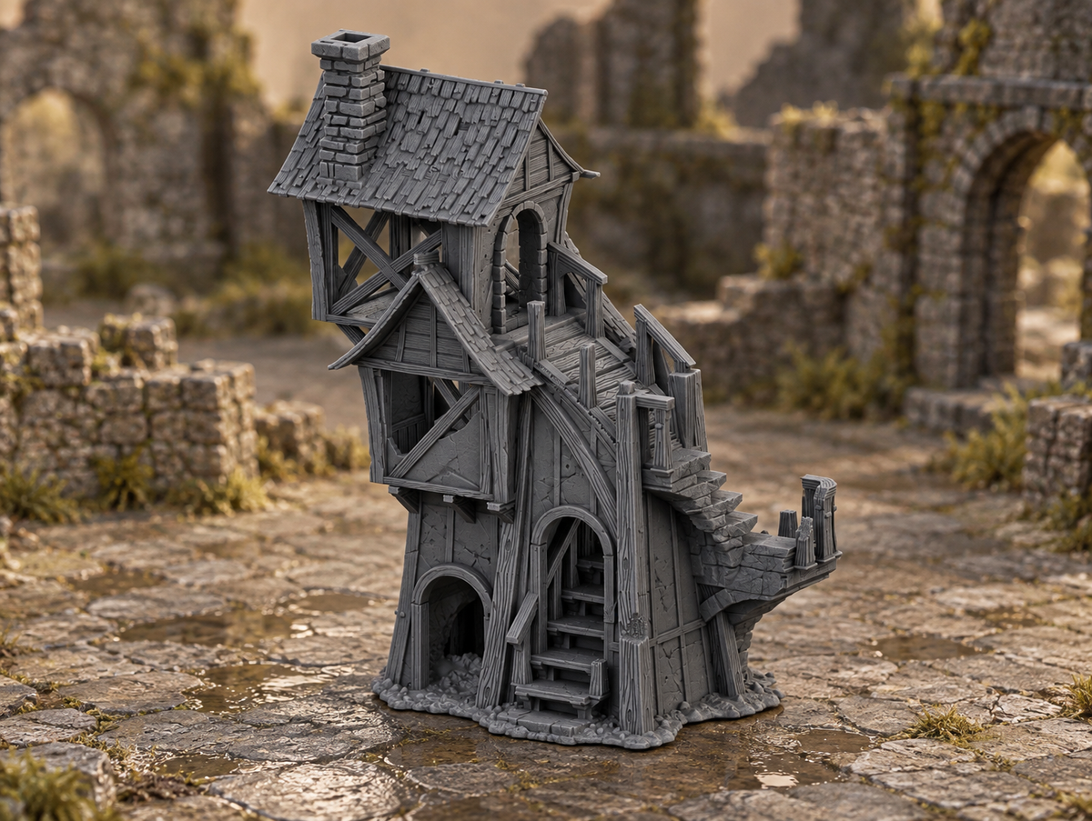 Supplementary product photo for Ruined Tower House 28mm DND Terrain | Tabletop Wargaming Scenery for Warhammer, Frostgrave & RPG | Unpainted 3D Printed in unpainted charcoal grey PLA