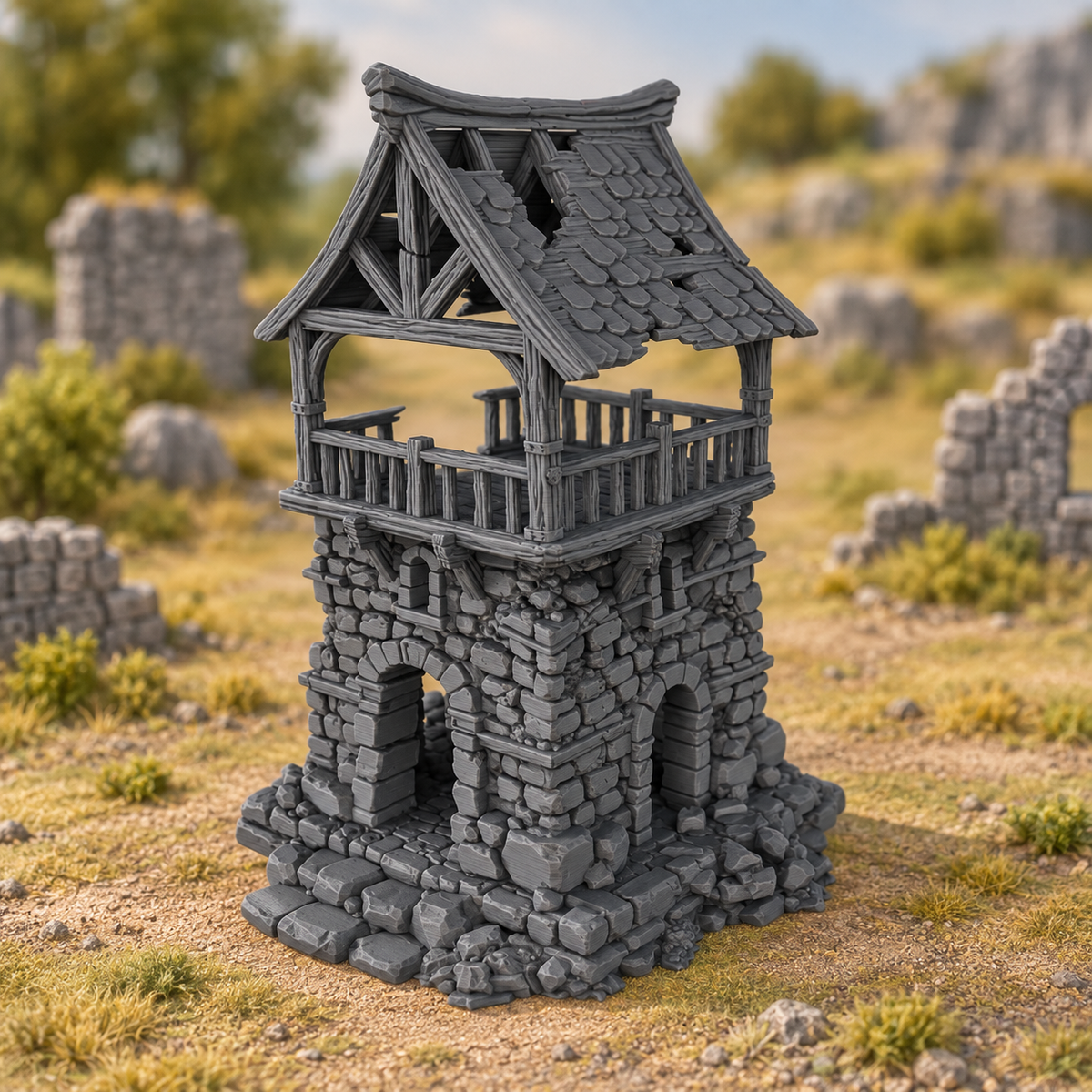 Supplementary product photo for Ruined Watchtower - 28mm DND/Wargame/RPG Terrain in unpainted charcoal grey PLA