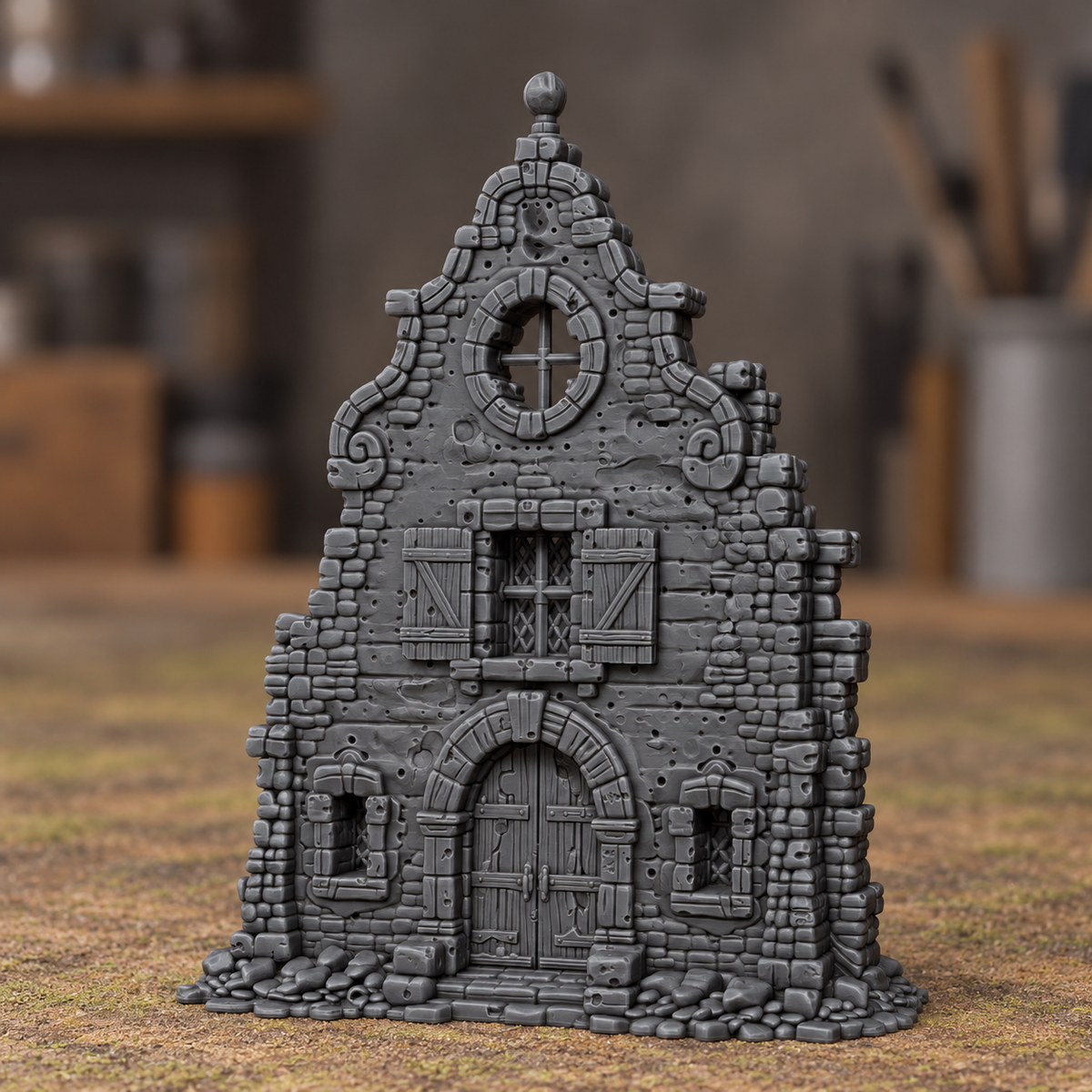 Shuttered Scroll Gable Facade - Digital product illustration