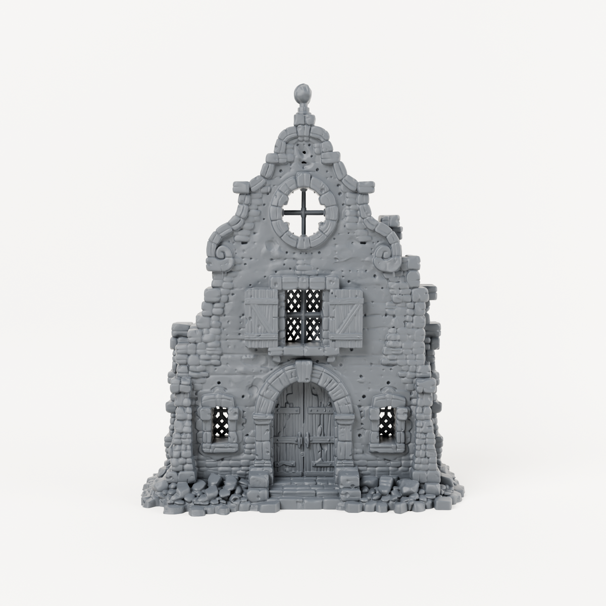 Shuttered Scroll Gable Facade - Exact included printed components, front view